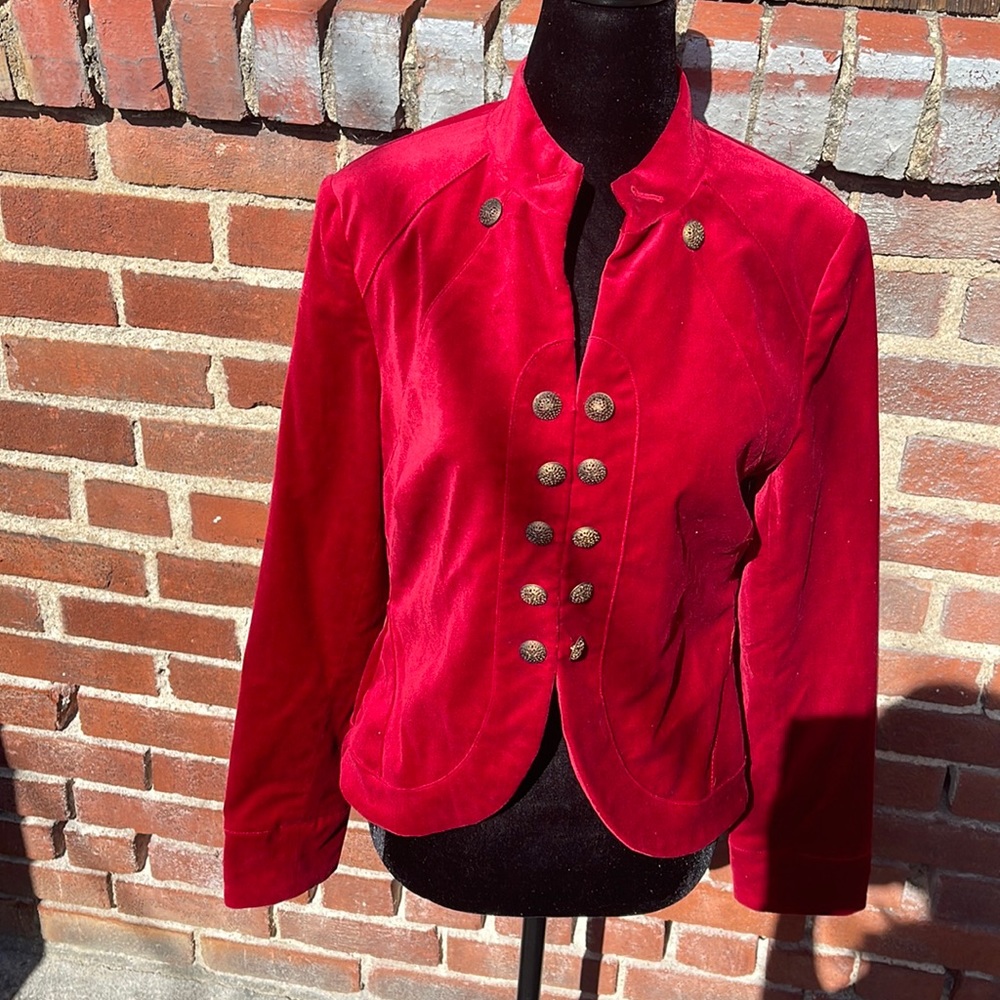 Chelsea and Theodore red velvet jacket